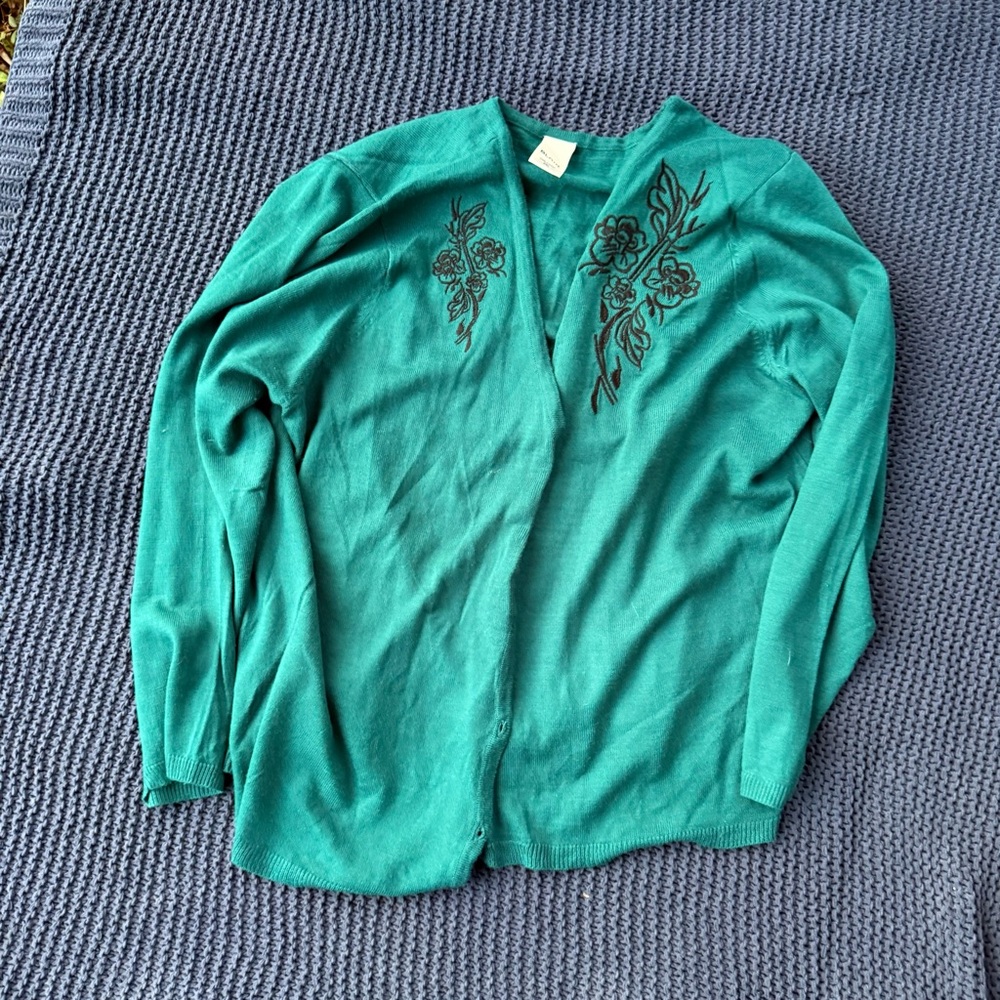 BLAIR Womens Green‎ Tight Knit Long Sleeve Cardigan SWEATER 2XL XXL Embroidered